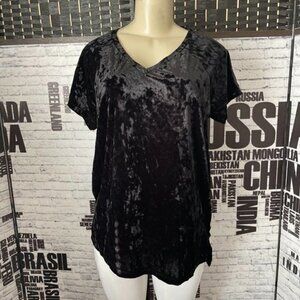 Ellos 10/12 Black Crushed Velour V-Neck Short Sleeve Top
